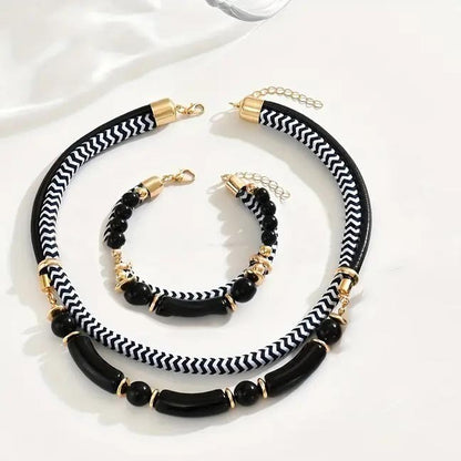 Conjunto 2 Peças Novo Colar e Pulseira de Metal Tubo Duplo Grosso Preto e Branco Estilo Hip-Hop Exagerado Para Uso Diário