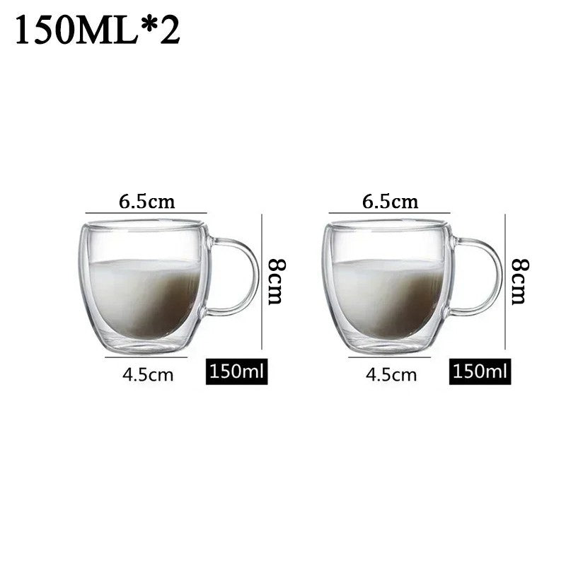 Caneca transparente de parede dupla 2-6 peças Copo de café e leite de vidro borossilicato alto resistente ao calor para casa e escritório