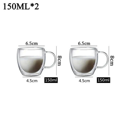 Caneca transparente de parede dupla 2-6 peças Copo de café e leite de vidro borossilicato alto resistente ao calor para casa e escritório
