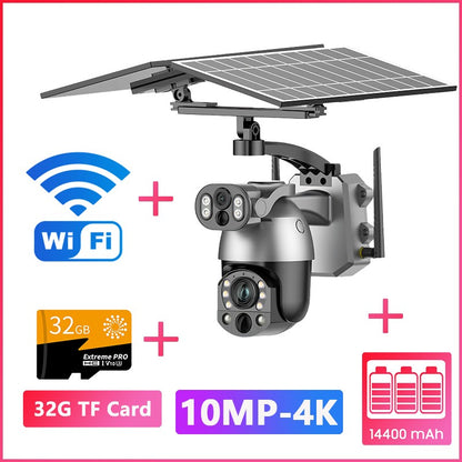 UNENTGT 4k Dual Lens View 50X Optical Zoom Solar Battery PTZ Camera 10MP SIM Card Outdoor Wifi CCTV Solaire Surveillance Camera