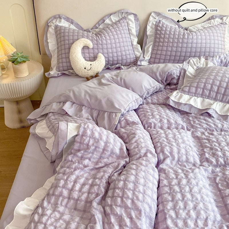 Conjunto de cama de renda coreana 3 peças de seersucker (1*Capa de Edredom + 2*Fronhas, Sem Enchimento) para quarto de hóspedes