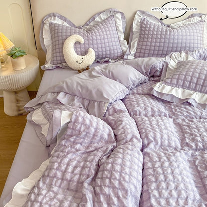 Conjunto de cama de renda coreana 3 peças de seersucker (1*Capa de Edredom + 2*Fronhas, Sem Enchimento) para quarto de hóspedes