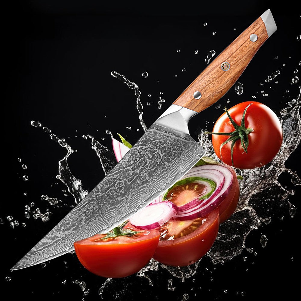 Conjunto de Facas de Cozinha Profissionais em Aço Damasco 1-8 Peças Faca Chef, Santoku, Cutelo, Pão, Desossar e Utilitárias - Afiadas como Navalha