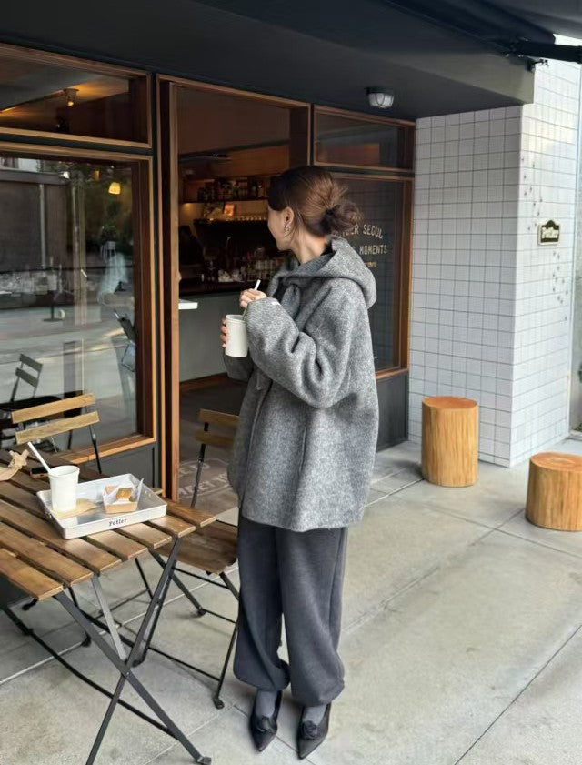 Korean Sle Woolen Coat Women's Chic Temperament Sweet Bow Tie Collar Hooded Warm Woolen Coat Long Sve Mid-Length