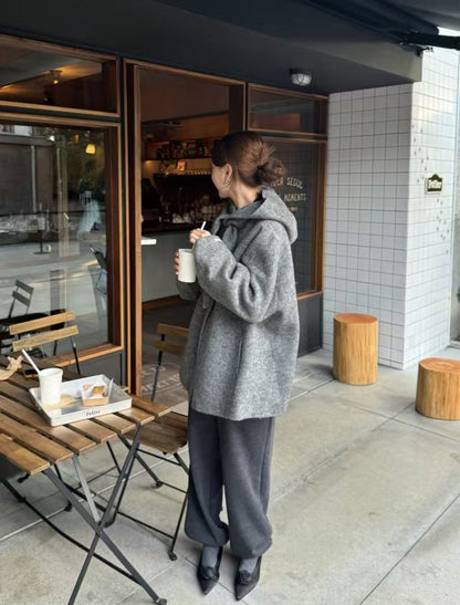 Korean Sle Woolen Coat Women's Chic Temperament Sweet Bow Tie Collar Hooded Warm Woolen Coat Long Sve Mid-Length