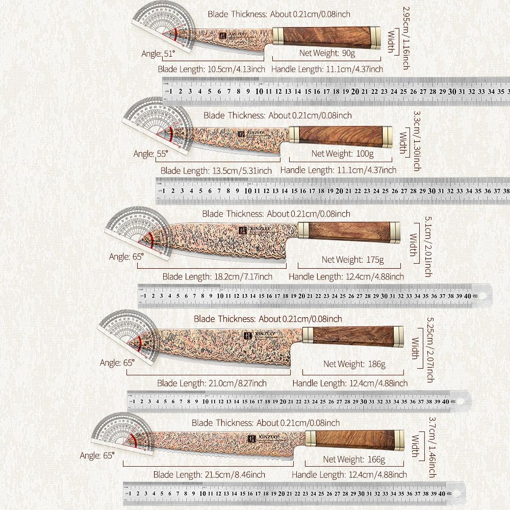 XINZUO 1-5 peças Conjunto de facas de cozinha Artesanais Faca de Chef Lâmina de Aço Damasco de Cobre Tricolor 53 Camadas com Cabo de Madeira Padauk e G10