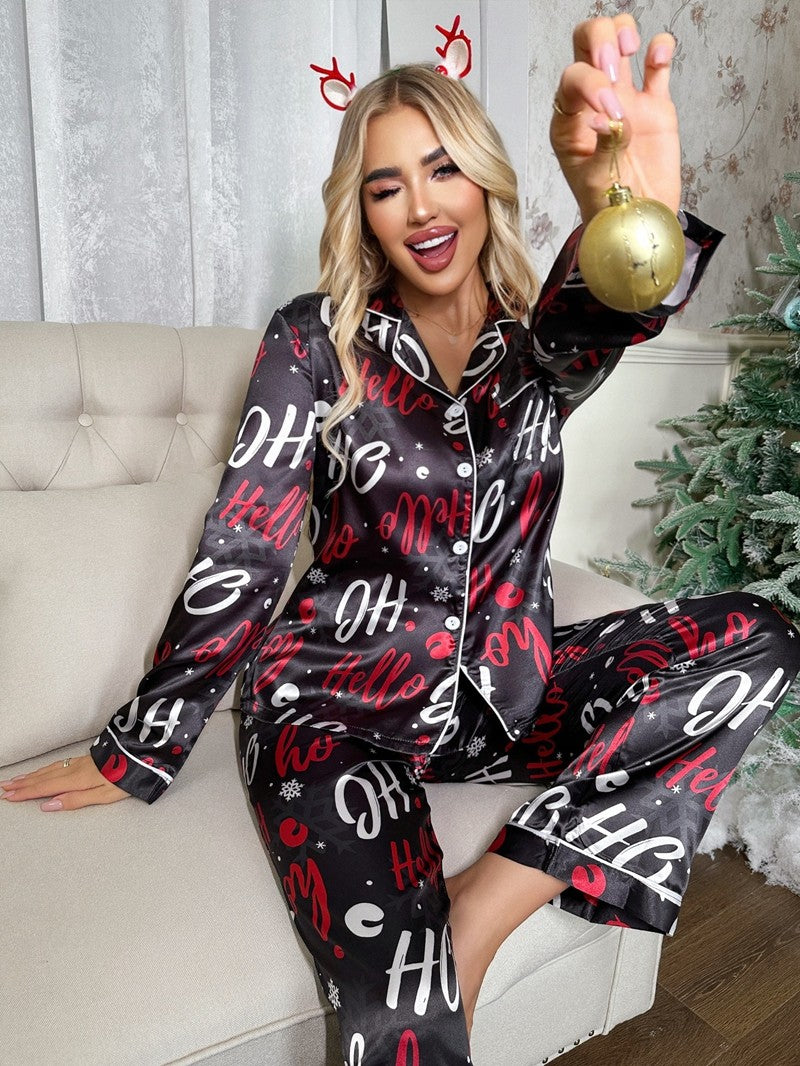 Cute Elk Print Satin Pajama Set Cozy Christmas Suit Long-Sleeve Lapel Top And Pants Comfortable Fit Parties And Theme Events Pjs