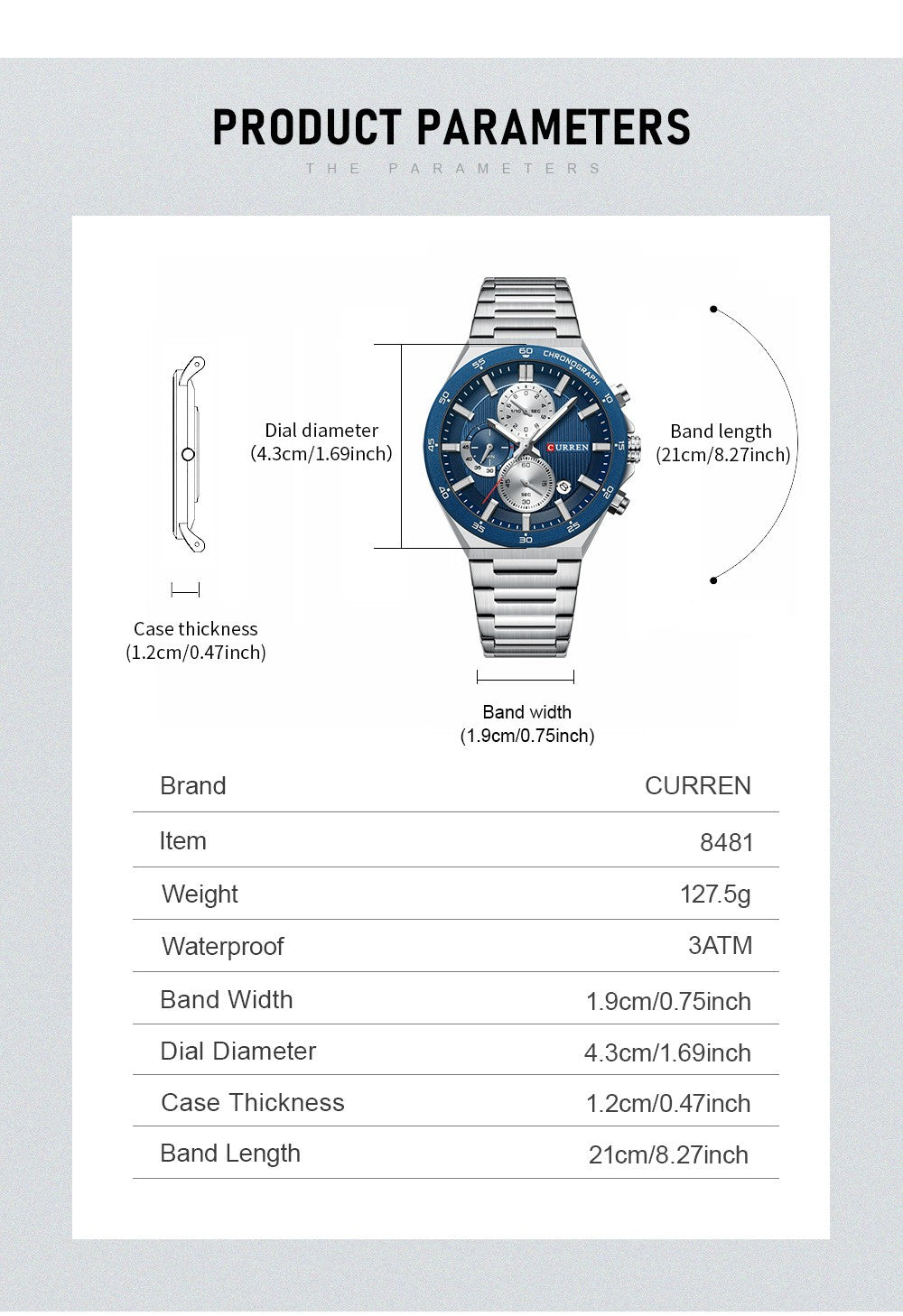 CURREN Classic 43mm Men's Watch Chronogrph Quartz Wristwatch with Stainless Steel Band Luminous Hands Auto Date