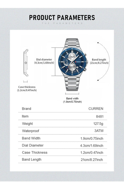 CURREN Classic 43mm Men's Watch Chronogrph Quartz Wristwatch with Stainless Steel Band Luminous Hands Auto Date