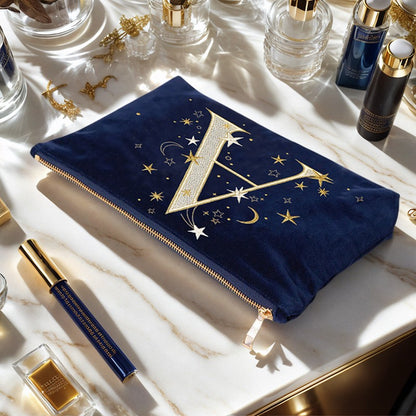 Alphabet Print Velvet Clutch Makeup Bag - Fashionable Cosmetic Pouch with Glittering Star Motif