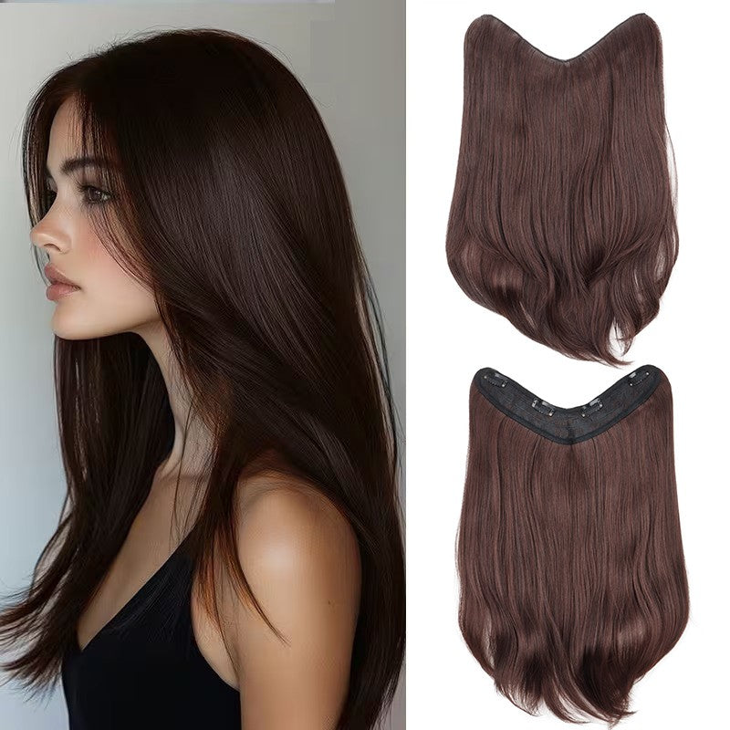 Extensões de Cabelo Sintético Longo Liso em V de 16 Polegadas com 4 Clipes, Aplique Preto Marrom para Adicionar Volume, Uso Diário e em Festas por Mulheres