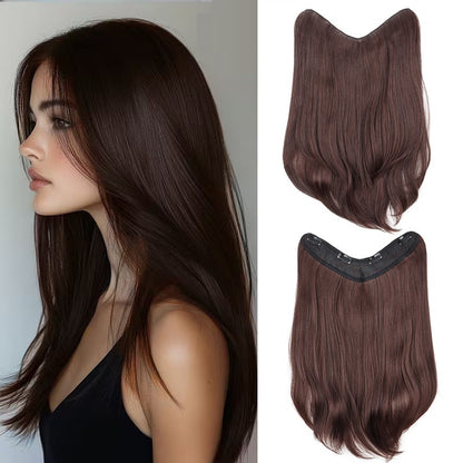 Extensões de Cabelo Sintético Longo Liso em V de 16 Polegadas com 4 Clipes, Aplique Preto Marrom para Adicionar Volume, Uso Diário e em Festas por Mulheres