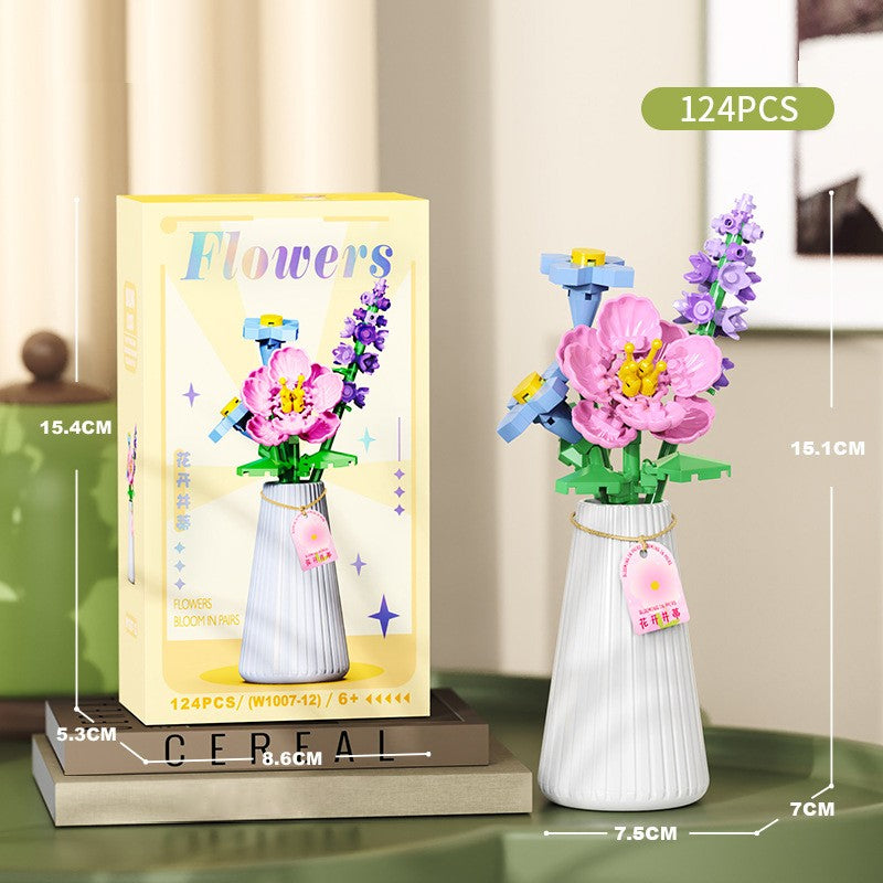 Flower Bouquet Building Blocks with Vase DIY Rose Sunflower Mini Bricks for Kids Birthday Party Favors Girls Gift Desktop Decor