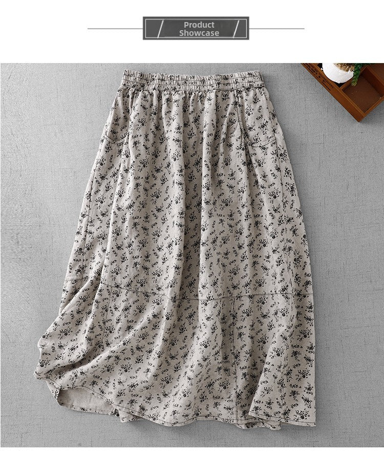 Cotton Linen High Waist Printed Summer New Sle Cool Slimming Hip Covering Floral Skirt Loose Fit Casual Long Skirt