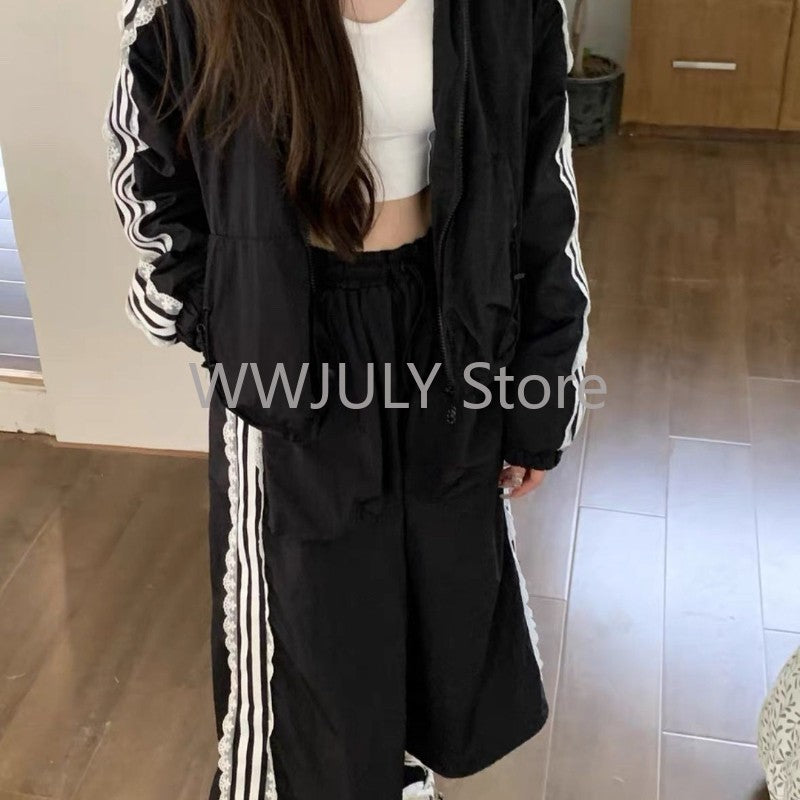 Lace Patchwork Striped Sun Protection Jacket for Women 2025 New Korean Causal Zipper Stand Neck Cardigan Coat Top Design