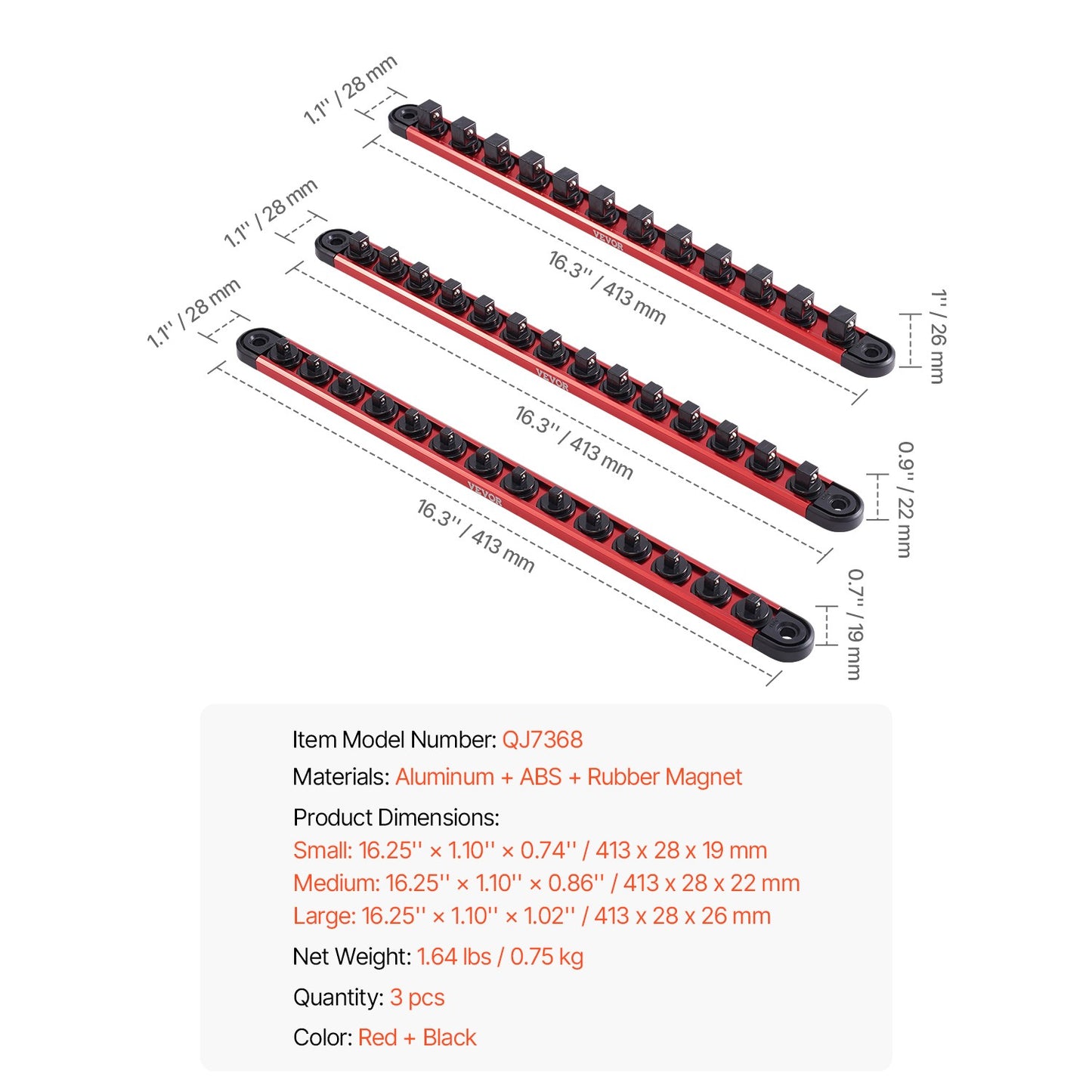 SucceBuy Conjunto de Trilhos Organizadores Magnéticos de Soquetes, 3 Peças, Métrico e SAE, Suporte de Soquetes de Alumínio 3/8'' 1/2'' com Clipes de 360° para Caixa de Ferramentas