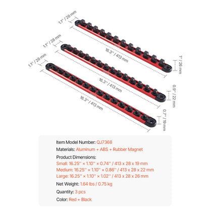 SucceBuy Conjunto de Trilhos Organizadores Magnéticos de Soquetes, 3 Peças, Métrico e SAE, Suporte de Soquetes de Alumínio 3/8'' 1/2'' com Clipes de 360° para Caixa de Ferramentas