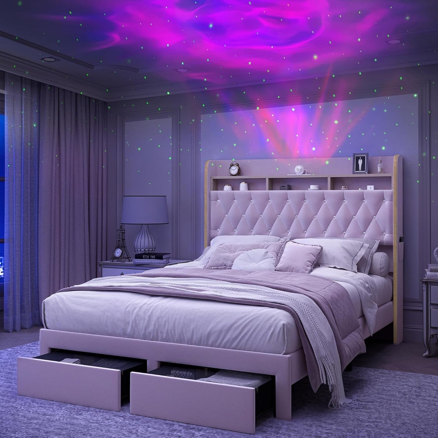 Cama Queen LED com 2 Gavetas de Armazenamento, Plataformas Estofadas em PU com Projetor Estrelas Galáxia Estação de Carregamento e Alto-falante, Au
