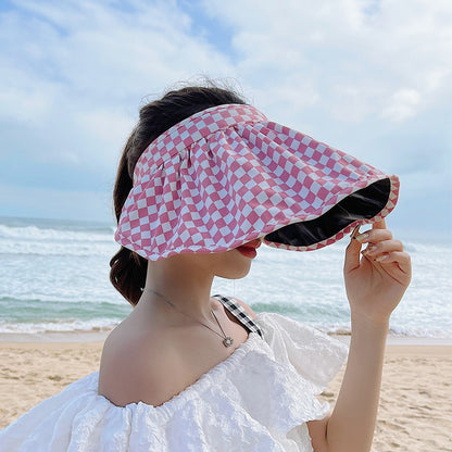 Chapéu gradiente xadrez Chapéu de verão feminino Chapéu vazio Viseira de sol Chapéu de sol de verão com aba larga Chapéu de proteção UV para mulheres Chapéu de praia