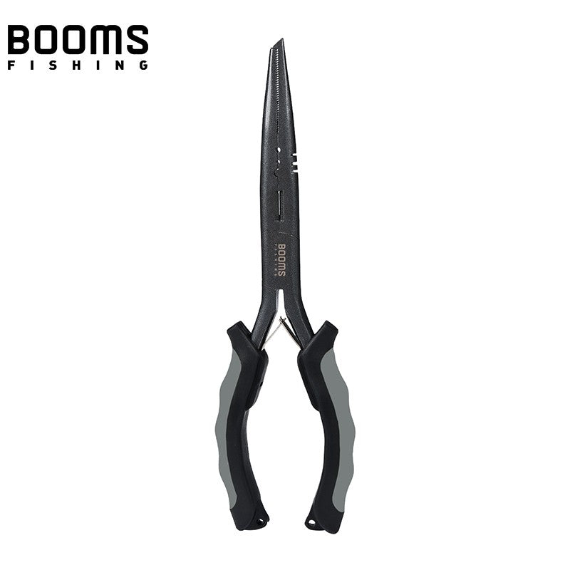 Alicate de Pesca Multifuncional Booms Fishing F03 23,5cm Bico Reto Longo Aço Inoxidável Cortador de Linha Tesoura Ferramenta