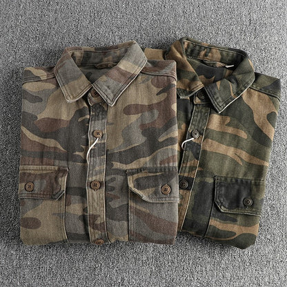 May Khaki wash vintage thick woven cotton cargo long sleeve shirt men's autumn and winter casual shirt coat