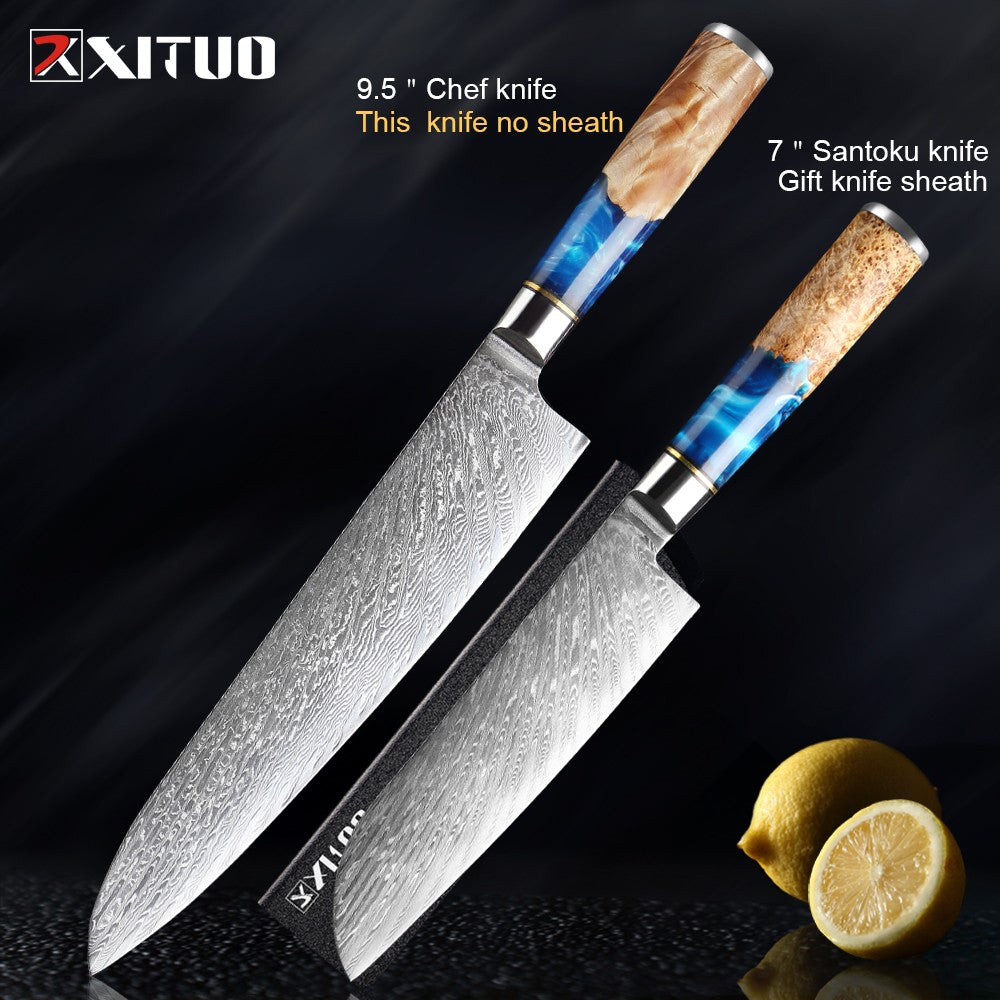 XITUO Kitchen Knives Set Damascus Steel VG10 Chef Knife Cleaver Paring Bread Knife Blue Resin Stabilised Wood Handle 1-7PCS set