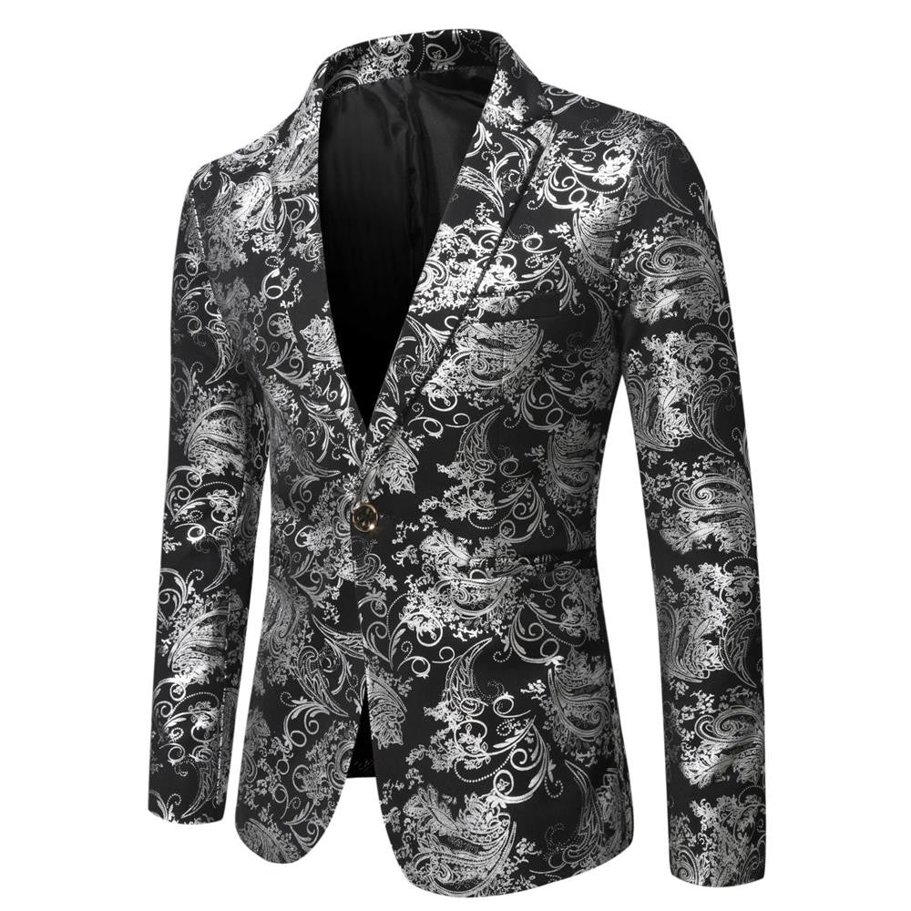 Men's Slim Fit Print Blazer Jacket 2025 Fashion Handsome Business Casual Silver Stage Show Suit Small Menswear