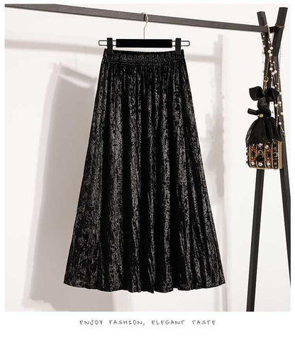 Plus Size Plus Size Women's Velvet Pleated A- Line Midi Skirt Autumn Winter Slimming Half-length Versatile Fashionable Commut...