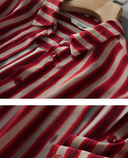 French Style Fashion Spring Shirts New Women's Polo-Neck Striped Single Breasted Simplicity Versatile Loose Long Sleeve Tops