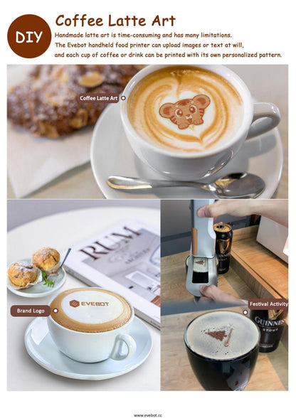 Coffee Latte Art Inkjet Printer EVEBOT for Bakery Coffee Shop Pubs Handheld Printers HD Printing On Food With Positioning Plate