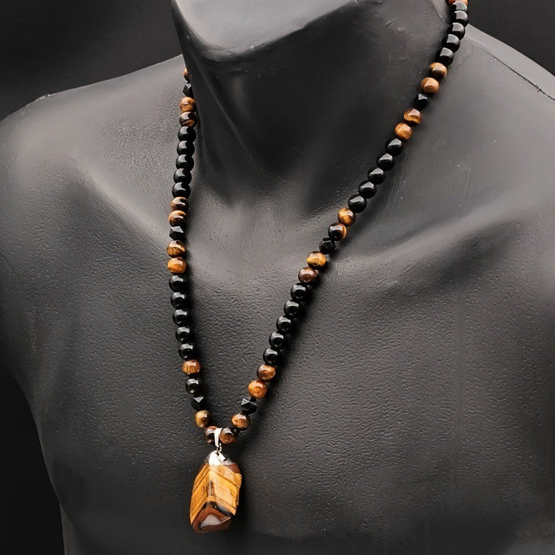 Colar de Contas Olho de Tigre, Colar Masculino com Pingente Irregular da Moda Personalizado na Cor Preta