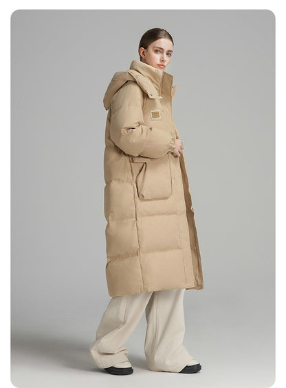 CLARKE QUEEN Long Down Jacket for Women Winter Duck Down Coat Hooded Over-the-Knee Casual Thickened Fitted Padded Puffer Coat