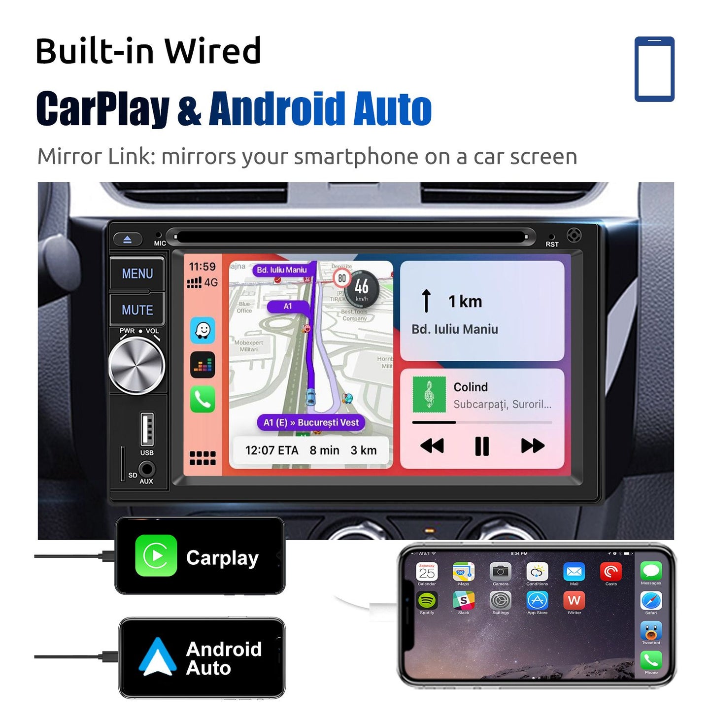 ESSGOO Universal Double 2 Din 6.2" Car Stereo Radio CD DVD Multimedia Video MP5 Player Wireless Carplay & Android Auto USB BT