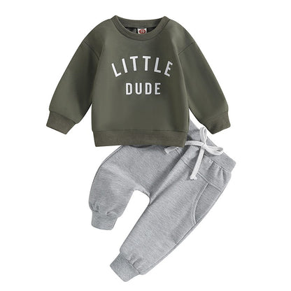 Roupas de Outono Inverno para Bebês Meninos, Conjunto de 2 Peças de Moletom de Manga Comprida com Estampa de Letra "Little Dude" e Calças