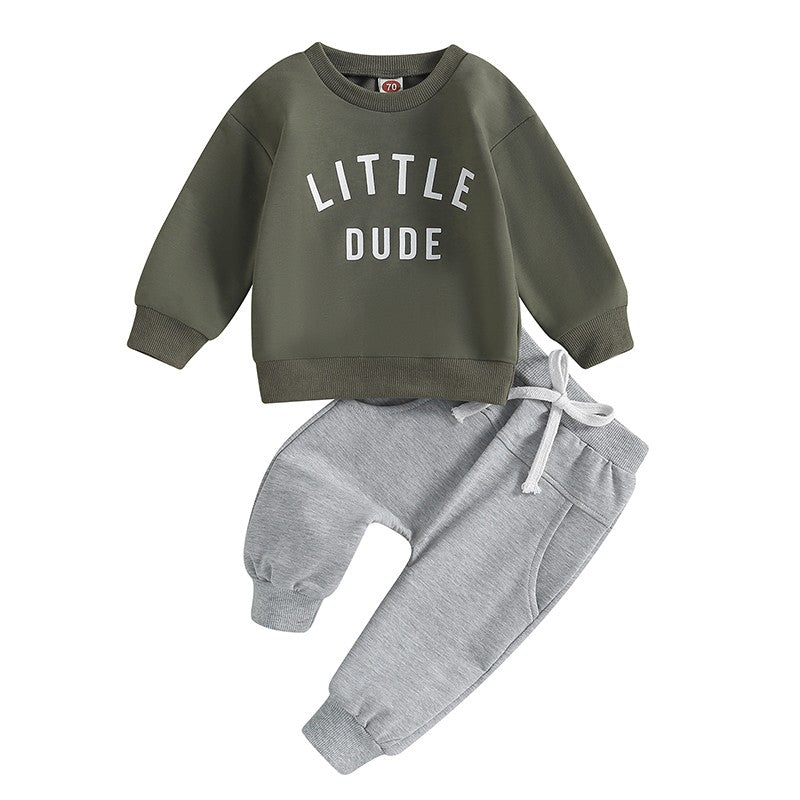 Roupas de Outono Inverno para Bebês Meninos, Conjunto de 2 Peças de Moletom de Manga Comprida com Estampa de Letra "Little Dude" e Calças