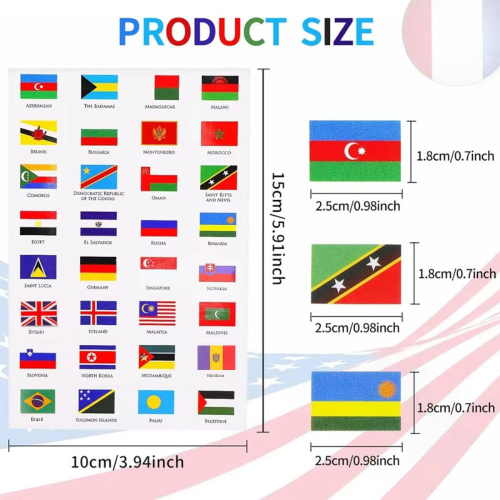 6 Sheets World Flag Stickers Self-Adhesive 192 Countries PVC Planner Travel Stickers Face Stickers for Theme Parties Journal