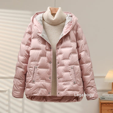 Lagabogy 2025 Autumn Winter Women White Duck Down Coat Casual Single Breasted Hooded Jacket Female Light Puffer Parka Outwear