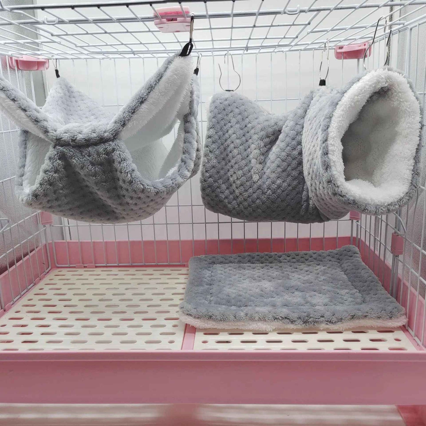 Rede de estimação quente de inverno, rede de hamster de pelúcia espessa de camada dupla, chinchila, porquinho da índia, furão, saco de dormir, gaiola suspensa de hamster
