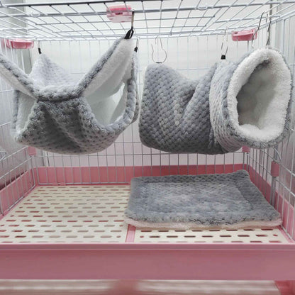 Rede de estimação quente de inverno, rede de hamster de pelúcia espessa de camada dupla, chinchila, porquinho da índia, furão, saco de dormir, gaiola suspensa de hamster