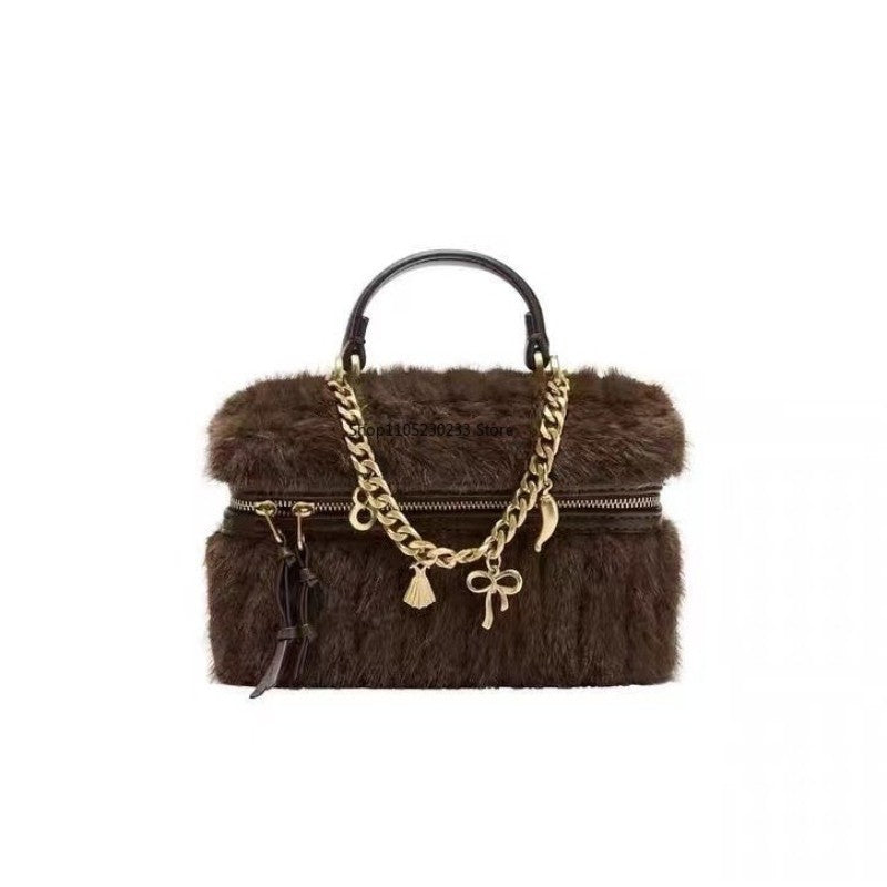 Faux Fur Mini Box Bags Luxury Designer Handbag for Women Trendy Ladies Fashion Casual Chain Elegant Shoulder Bags Crossbody Bag
