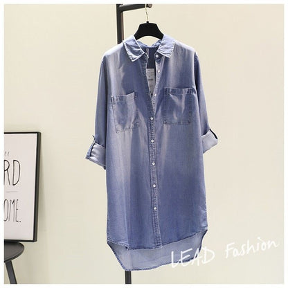 Fashion Women's Clothing Shirt Medium Long Containing Cotton Shirt Loose Fit Long Sleeve Double Pocket Rolled Sleeve Thin Blouse