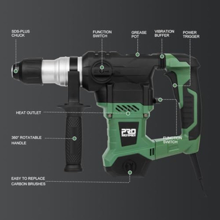 Furadeira de Impacto Rotativa SDS-Plus 1-1/4" com Motor Potente de 13 Amperes e 4 Funções para Aplicações em Concreto, Aço e Madeira