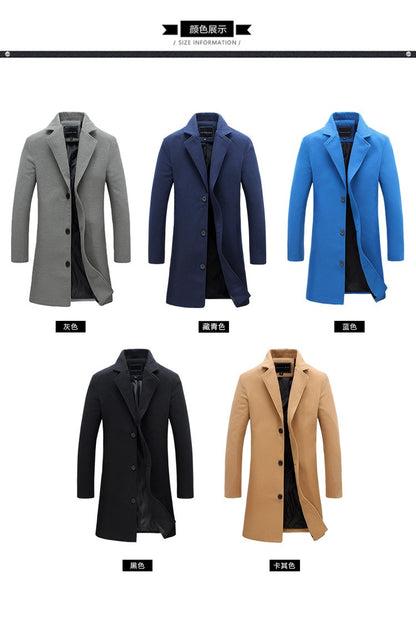 2025 Autumn Winter New Wool Men Long Cotton Coat Blend Pure Color Casual Business Fashion Slim Windbreaker Jacket Men Clothing