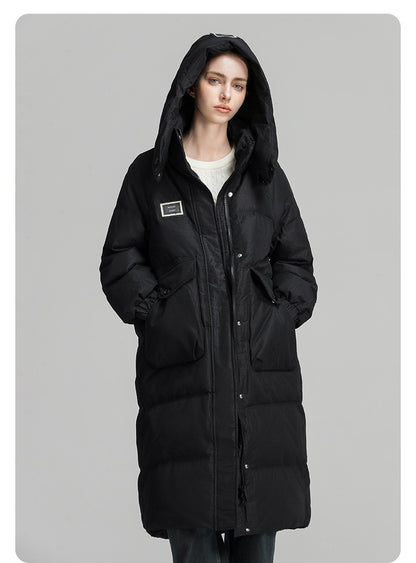 CLARKE QUEEN Long Down Jacket for Women Winter Duck Down Coat Hooded Over-the-Knee Casual Thickened Fitted Padded Puffer Coat