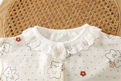 Kids Home Clothes 2Pcs Set Baby Loose Pajamas Fashion Girl Lace Floral Print Sleepwear Children Air Conditioner Long Sleeve Pant
