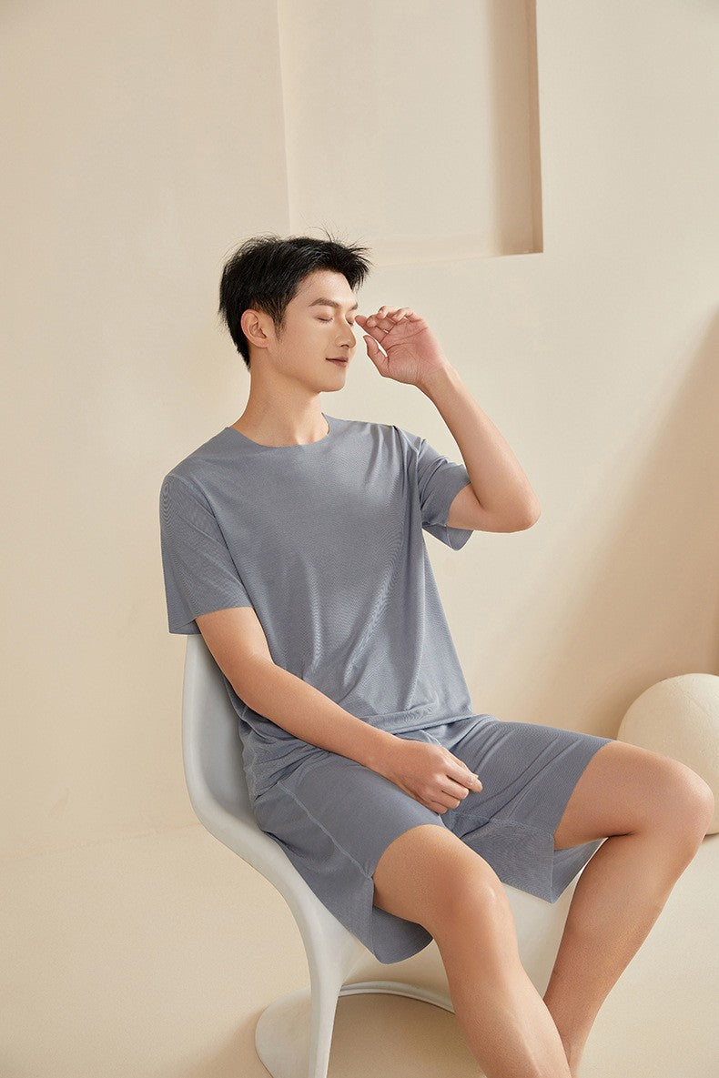 Super Thin Pajamas Suit Women Men Summer Ice Silk Cool Short-sleeved O-Neck Sleepwear Male Female Classic Simple Loungewear Suit