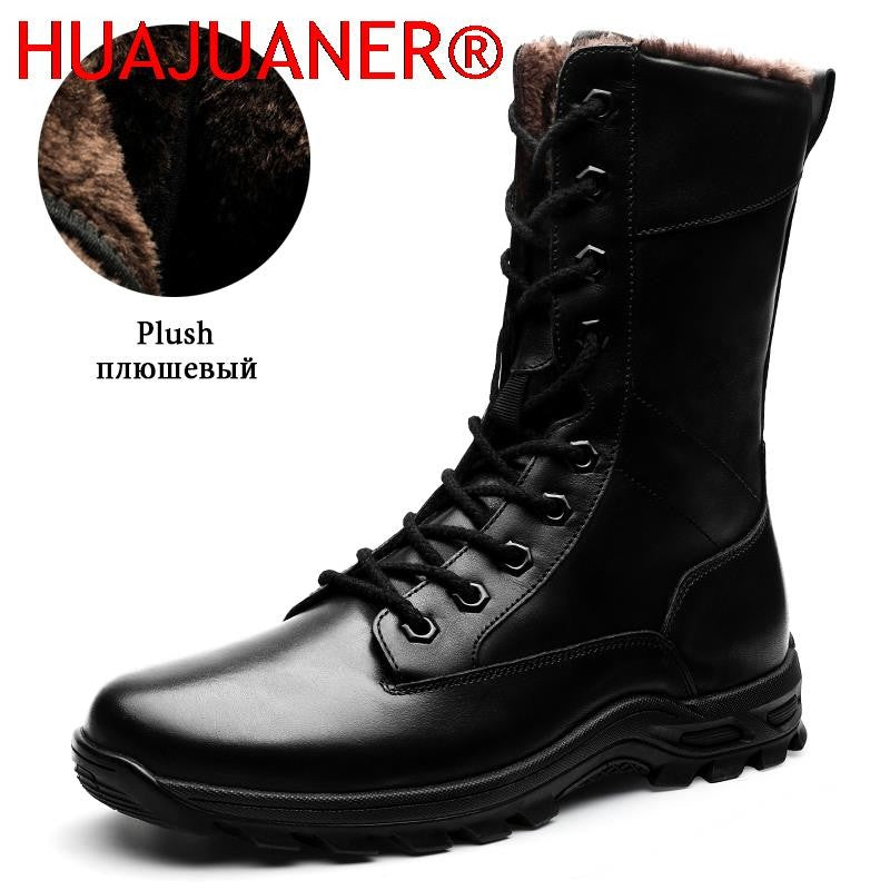 Botas de Couro Genuíno Masculinas de Cano Curto Botas Masculinas de Inverno de Couro com Pelo Quente para Exército Caça Sapatos Masculinos Botas Casuais Pretas