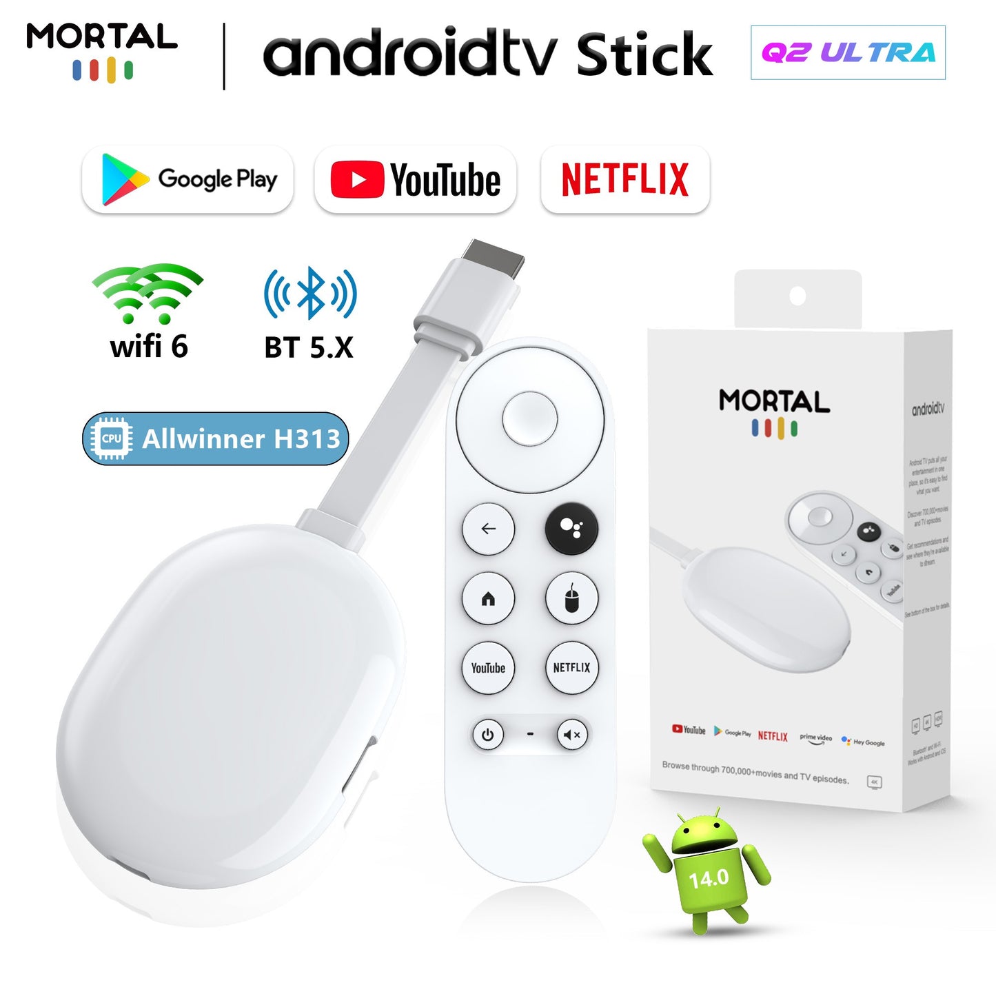 Versão Global Android 14 TV Stick Q2 Ultra 4K HDR Allwinner H313 Controle de Voz BT5.X Chromecast Wifi 6 2G 16G Mini TV Stick para Casa