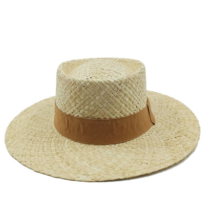Chapéu de Palha Feminino de Verão Chapéu de Sol Luxuoso Feminino Chapéu de Praia de Proteção Solar da Moda Chapéu Panamá Francês Chapéu Raff de Aba Larga com Topo Abaulado