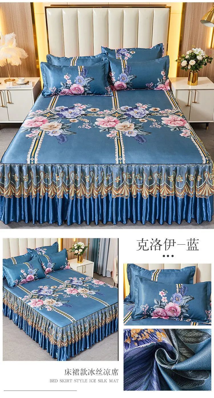 Kit 3 Peças de Lençol de Casal com Renda Clássica Azul Royal, Saia para Cama, Colcha de Casamento Lavável à Máquina, Capa de Colchão